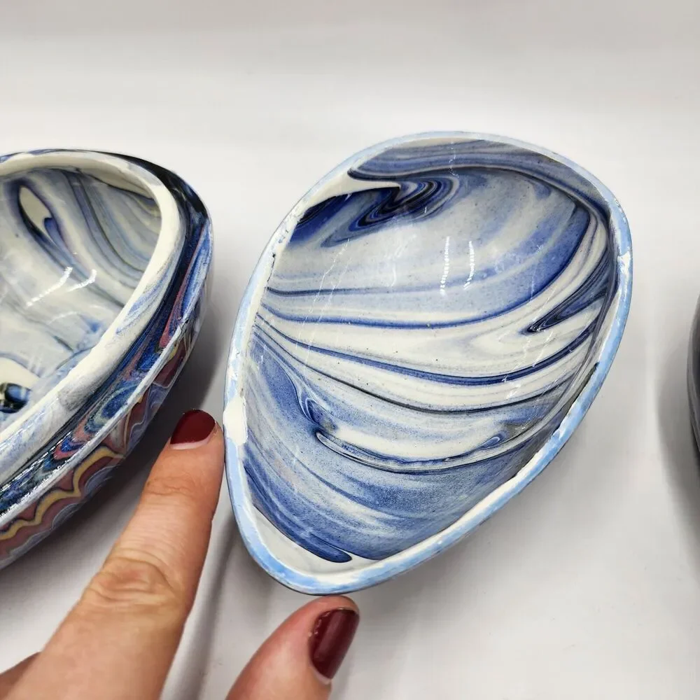 Vintage 2 Grazia Deruta Blue Swirl Pottery Egg Shape Ceramic Trinket Boxes Rare